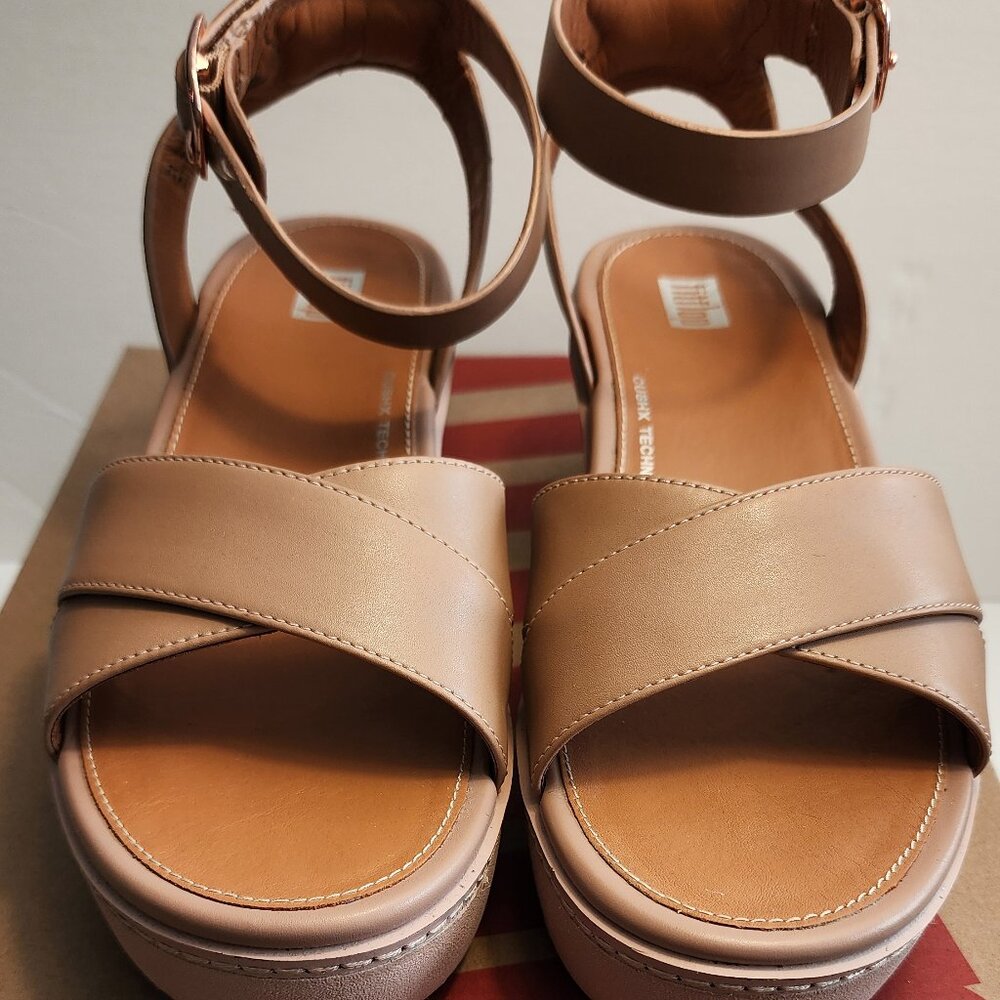 FitFlop Pilar Crossover Leather Ankle-Strap Platform Sandals Size 8